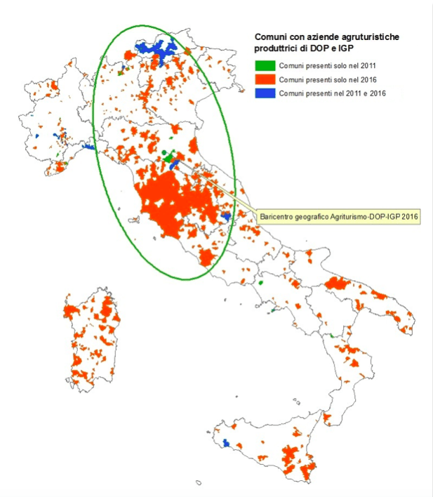 La mappa dei comuni con aziende agrituristiche anche produttrici di Dop e Igp (fonte: Istat)