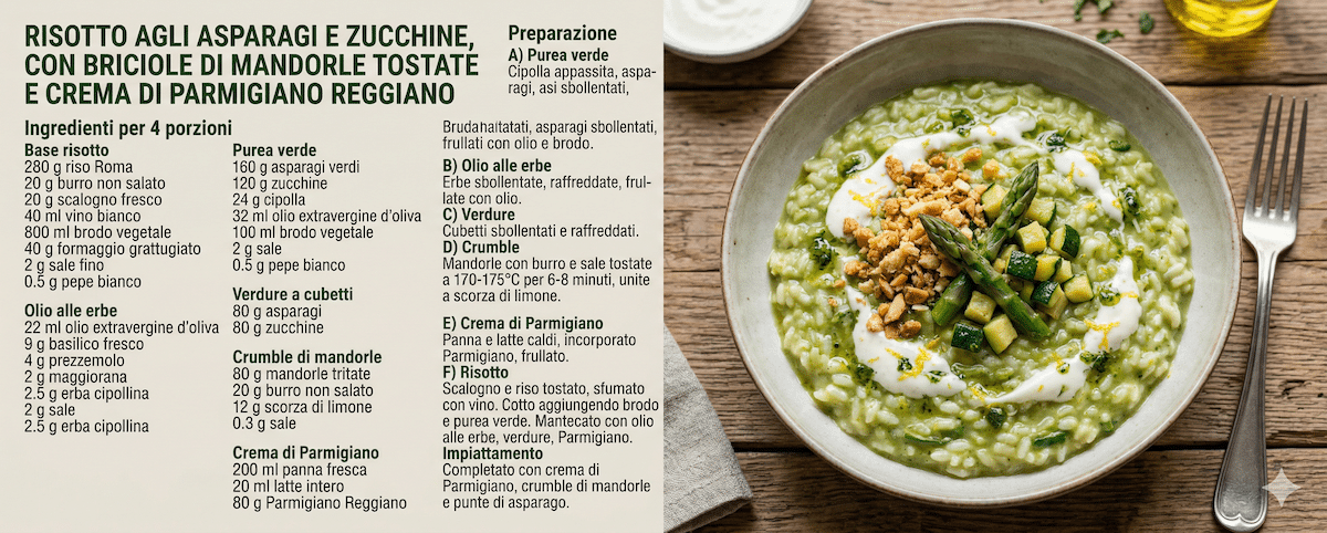 1. Risotto agli asparagi e zucchine con briciole di mandorle tostate e crema di Parmigiano Reggiano: un piatto che racconta la primavera con note fresche e avvolgenti, una preparazione cremosa e vibrante, arricchita da una vellutata al Parmigiano Reggiano e da una delicata croccantezza di mandorle tostate.