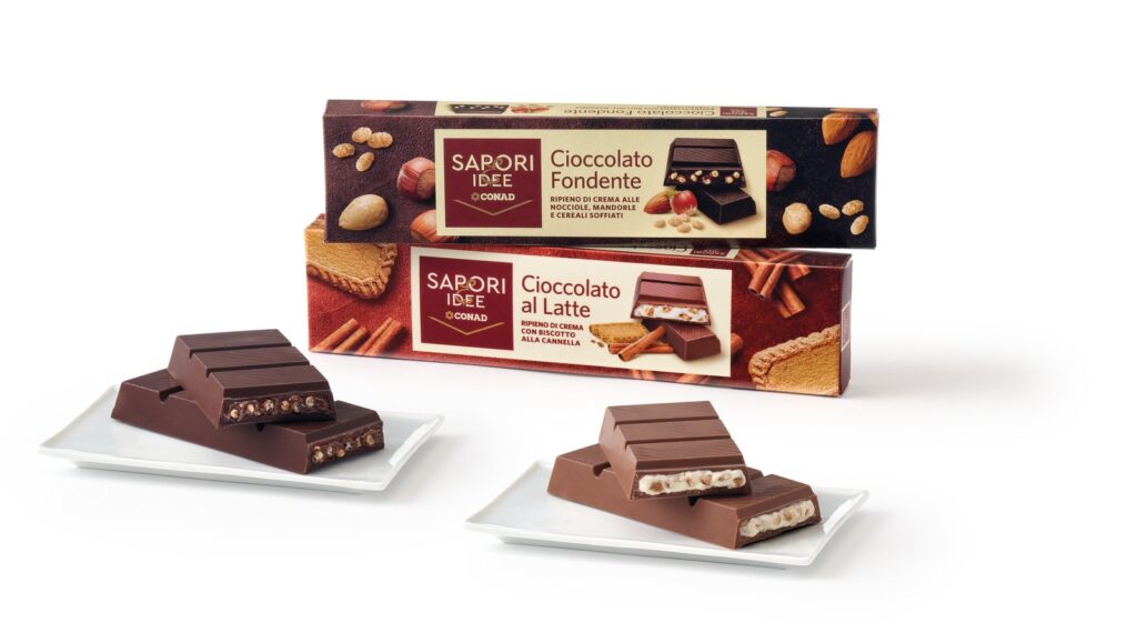 Tavolette di cioccolato ripiene Sapori&Idee: fondente con nocciole e mandorle e al latte con biscotto alla cannella